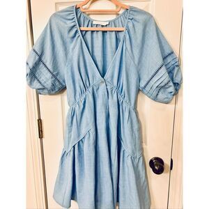 NWOT Lush Women's Puff Sleeve Button Front V-Neck Mini Dress Light Blue Sz Small